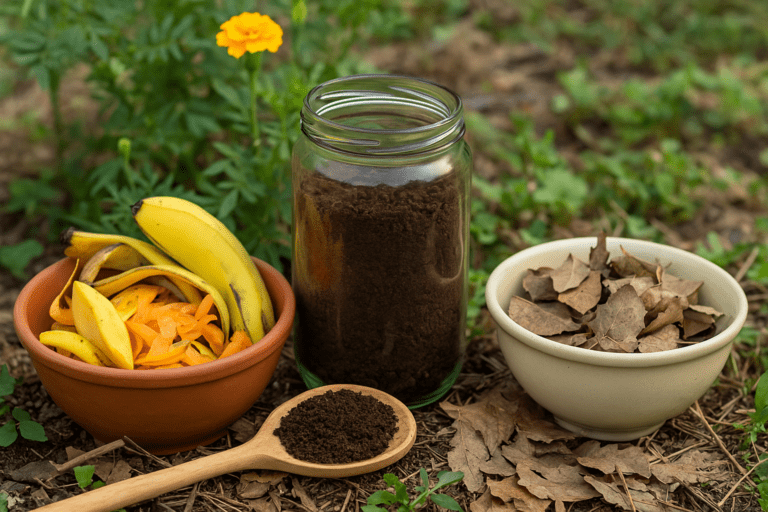 Adubo orgânico caseiro feito com resíduos naturais no jardim.
