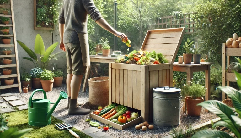 Composteira em jardim com resíduos orgânicos — compostagem doméstica.