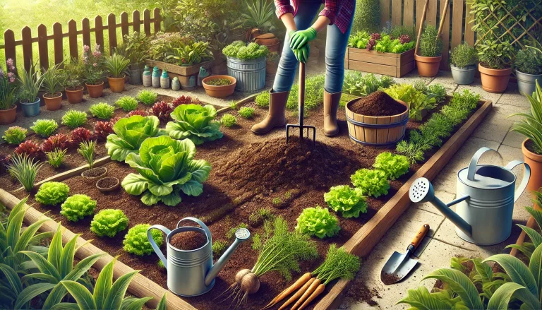 Solo fértil para hortas sendo preparado em horta doméstica com compostagem.