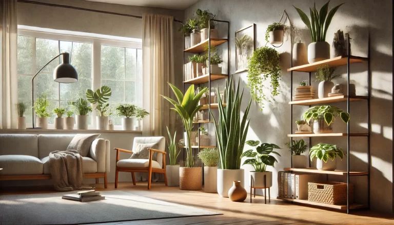 Ambiente com plantas que purificam o ar em decoração interna.