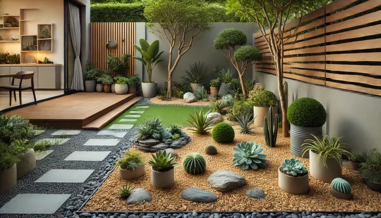 Jardim de baixa manutenção com plantas resistentes em quintal moderno.