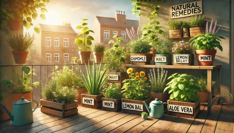 Pequeno jardim com plantas medicinais em vasos.