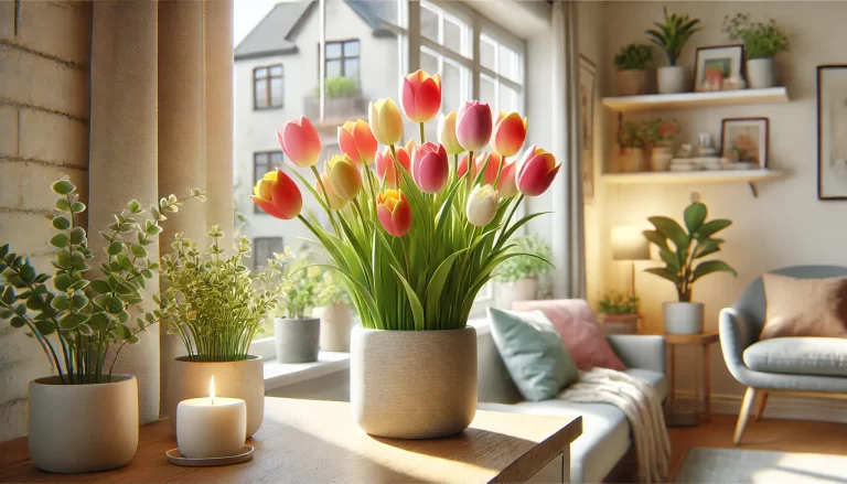 Tulipas em casa decorando janela interna com luz natural.