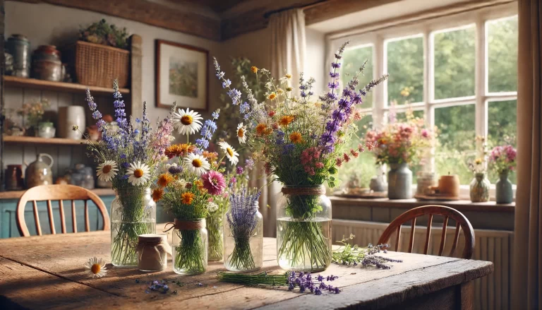 Arranjo de flores do campo em decoração rústica