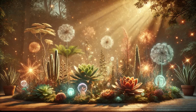 Jardim com plantas místicas sob luz suave.