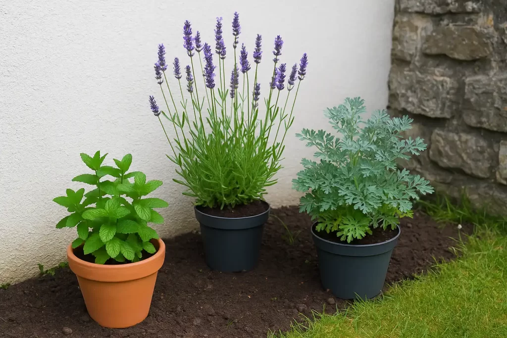 Lavanda, hortelã e arruda em vasos no jardim