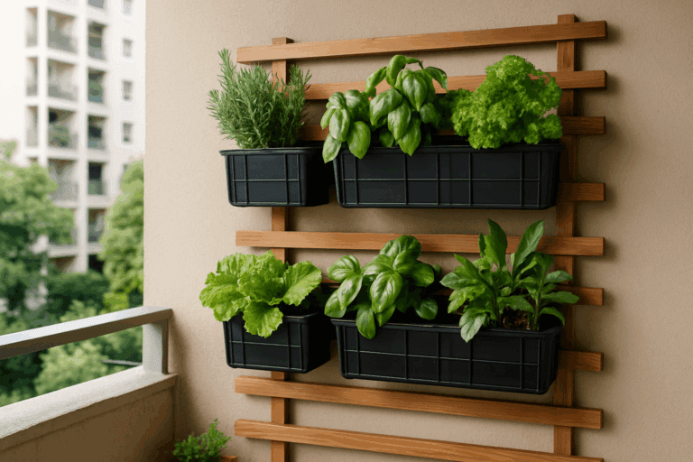 Horta vertical com temperos em apartamento.