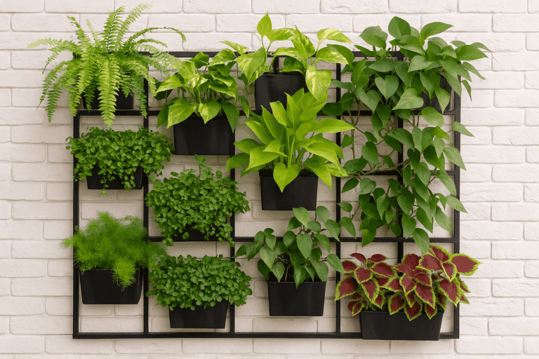 Jardim vertical em estrutura metálica na parede.