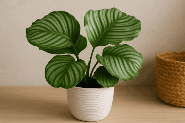Calathea orbifolia em vaso decorativo.