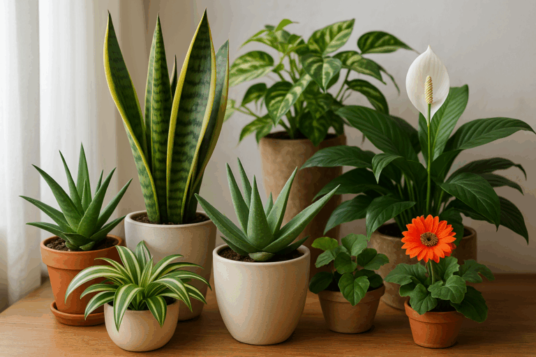 Plantas que limpam o ar em vasos decorativos.