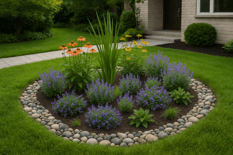 Jardins de chuva na decoração com flores e pedras decorativas