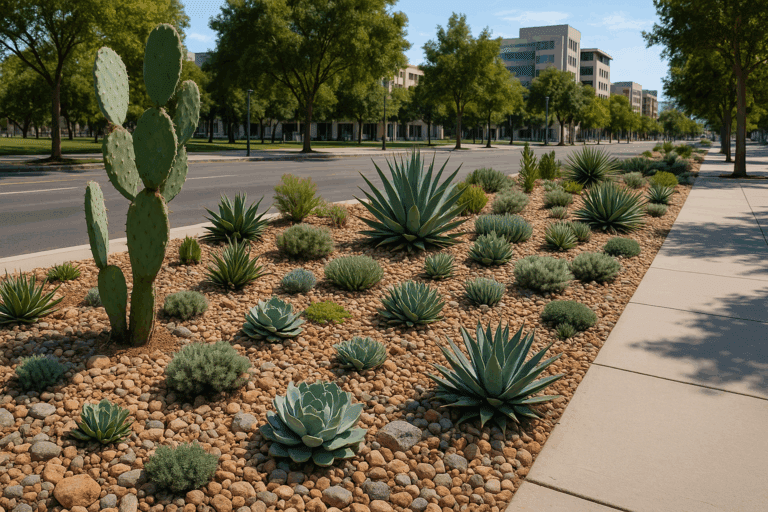 Xeropaisagismo urbano em calçada