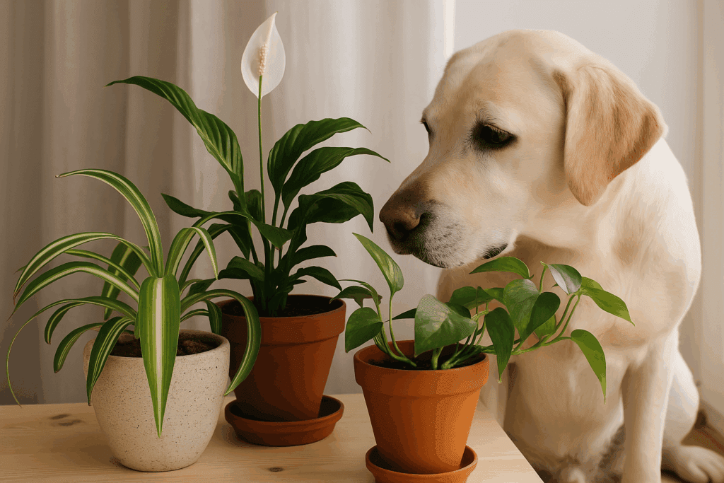 Cão observando plantas purificadoras do ar