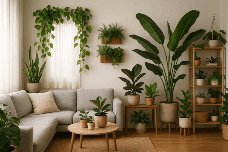 Sala com decoração com plantas e móveis de madeira.