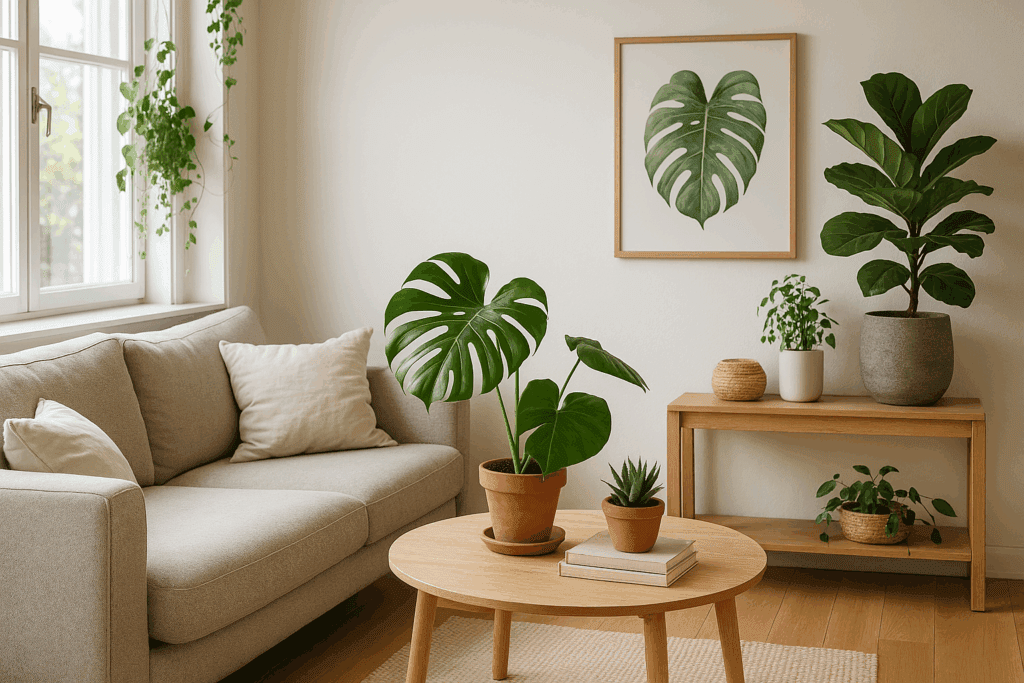Sala escandinava com plantas naturais.
