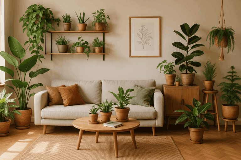 Sala com vários estilos de decoração com plantas.