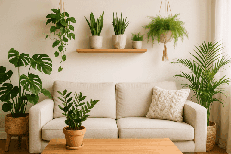 Ideias de Sala decorada com plantas naturais, mostrando como usar plantas na decoração.