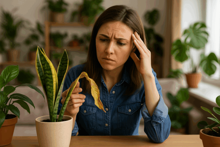 Mulher preocupada com plantas em ambientes interno.