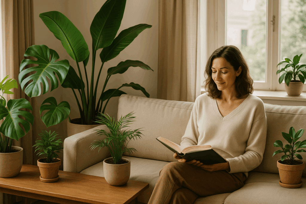 Mulher lendo em sala com plantas ornamentais.