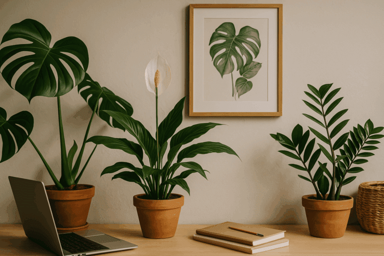 Plantas ornamentais em casa com luz natural.