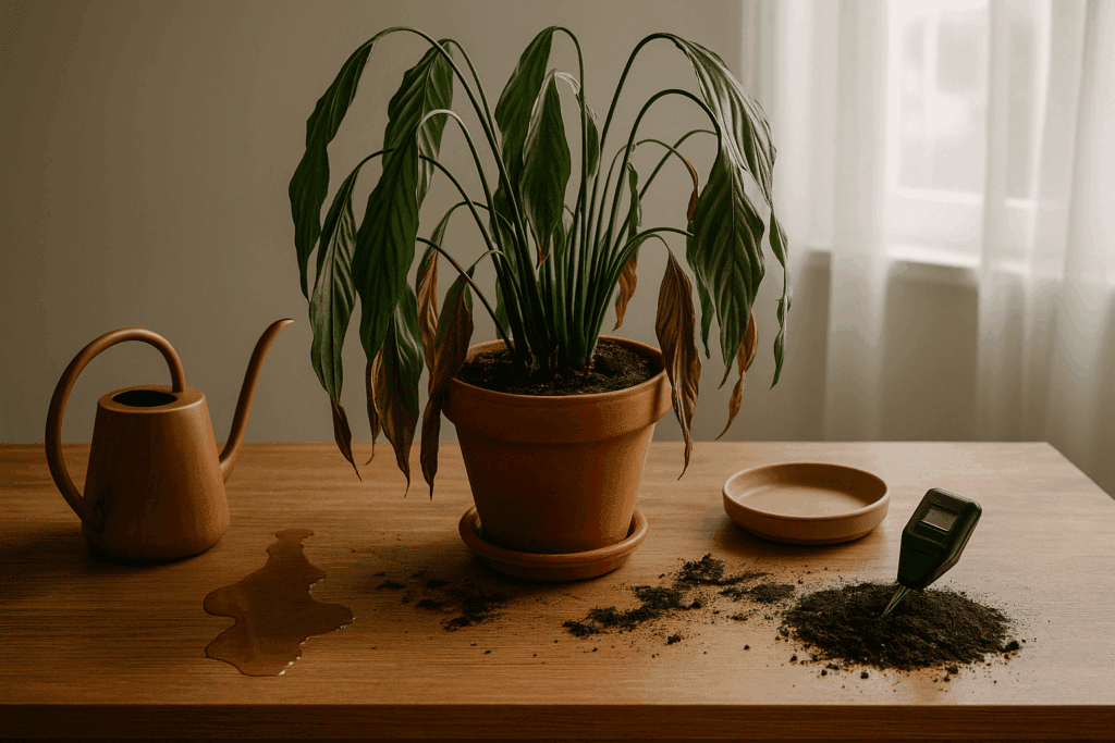 Planta com sinais de erro na rega e luminosidade.