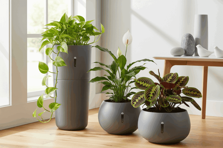 Vasos autoirrigantes com plantas verdes