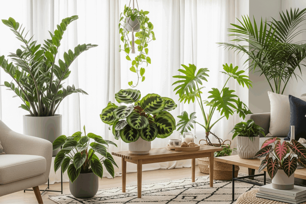 Zamioculca, Calathea orbifolia, Palmeira-ráfia e Filodendros