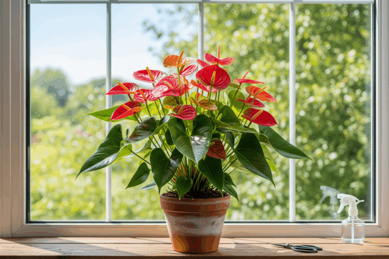 Antúrio cheio de flores vermelhas em vaso decorativo