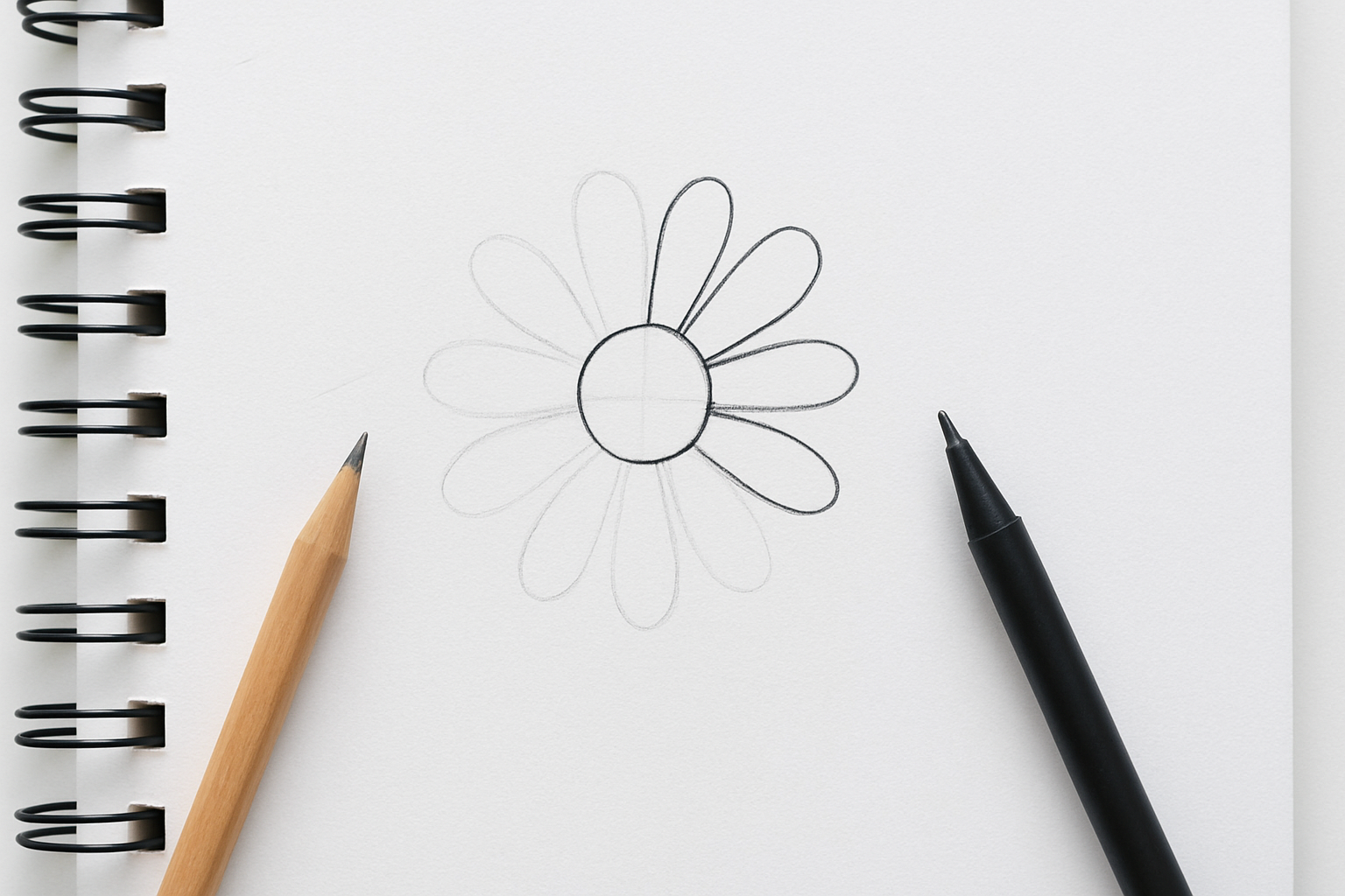 como desenhar flores simples: adição de pétalas em formato de gota ao redor do miolo, parte em esboço e parte contornada