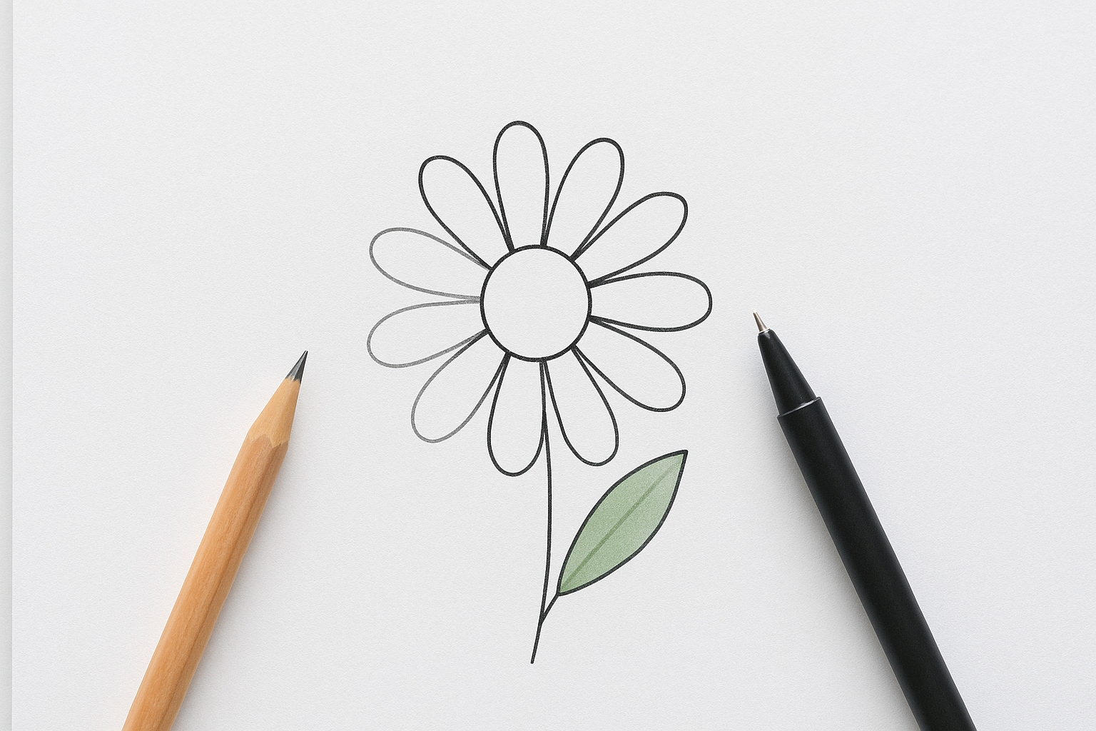 como desenhar flores simples: texturas nas pétalas, folhas alongadas e leve colorização para finalizar