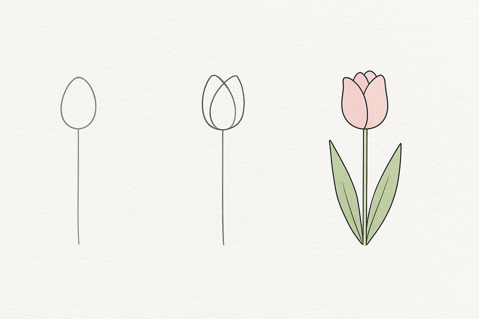 etapas de como desenhar uma tulipa com cálice, pétalas sobrepostas e folhas alongadas